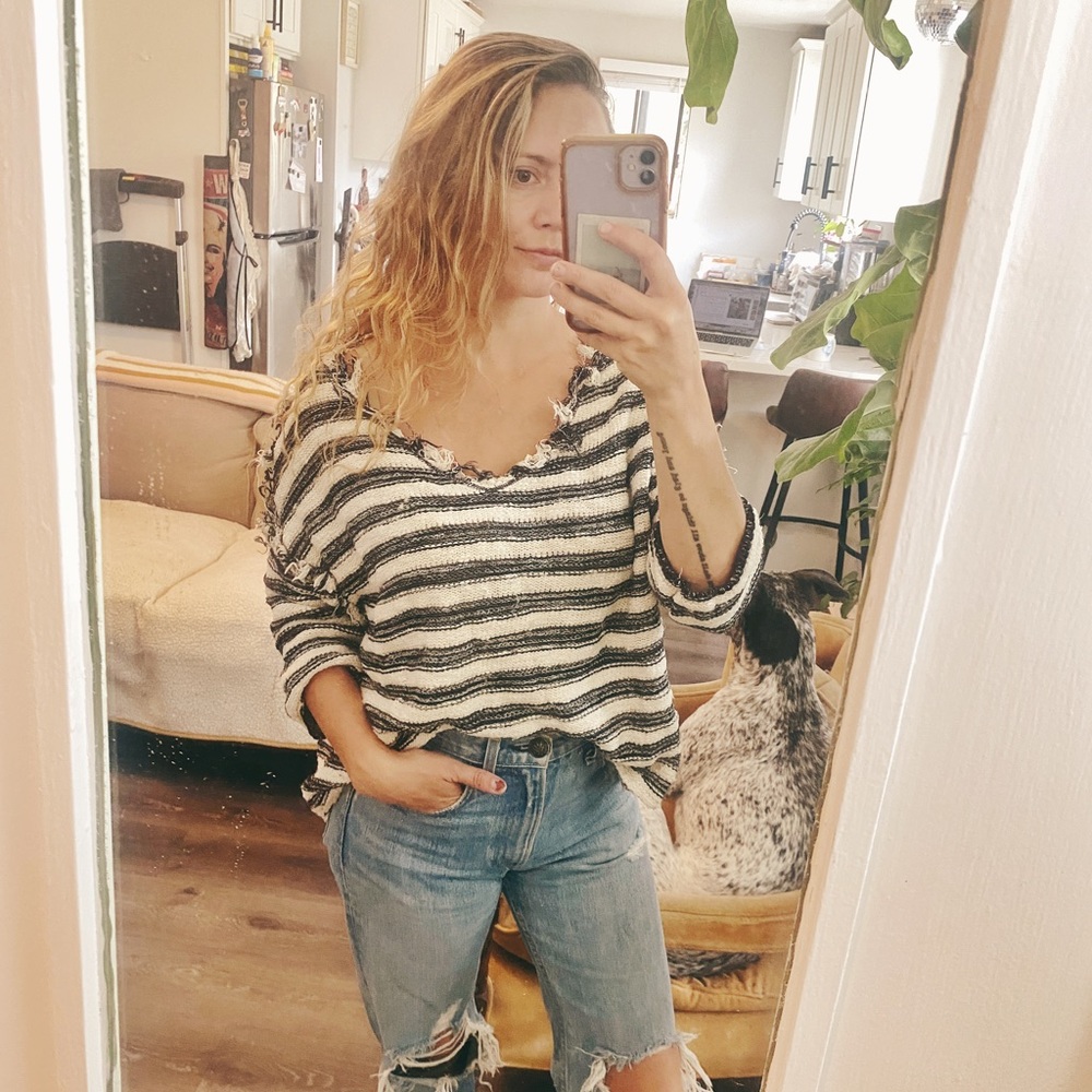 Free People Oversize Sweater Navy White Stripes size Small